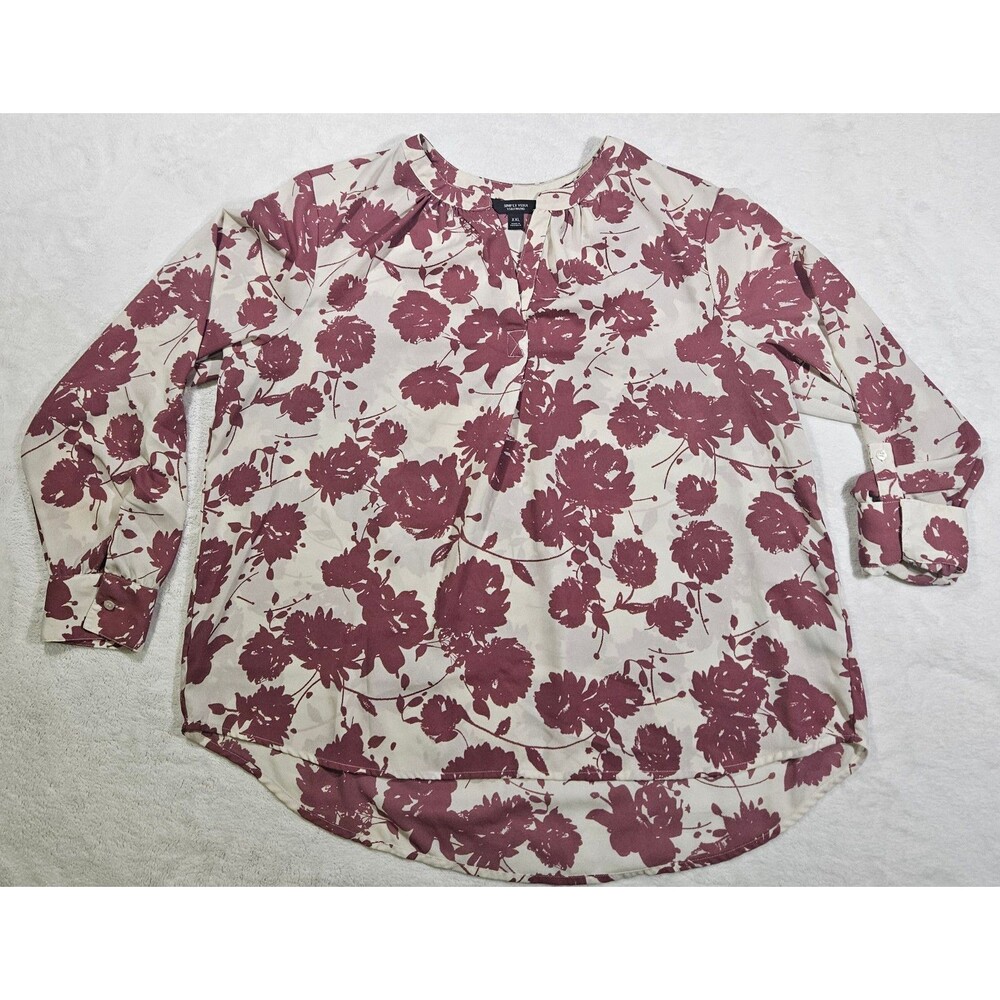 Simply Vera Vera Wang XXL Floral Blouse Mauve Cream Roll Tab Sleeve Tunic Top